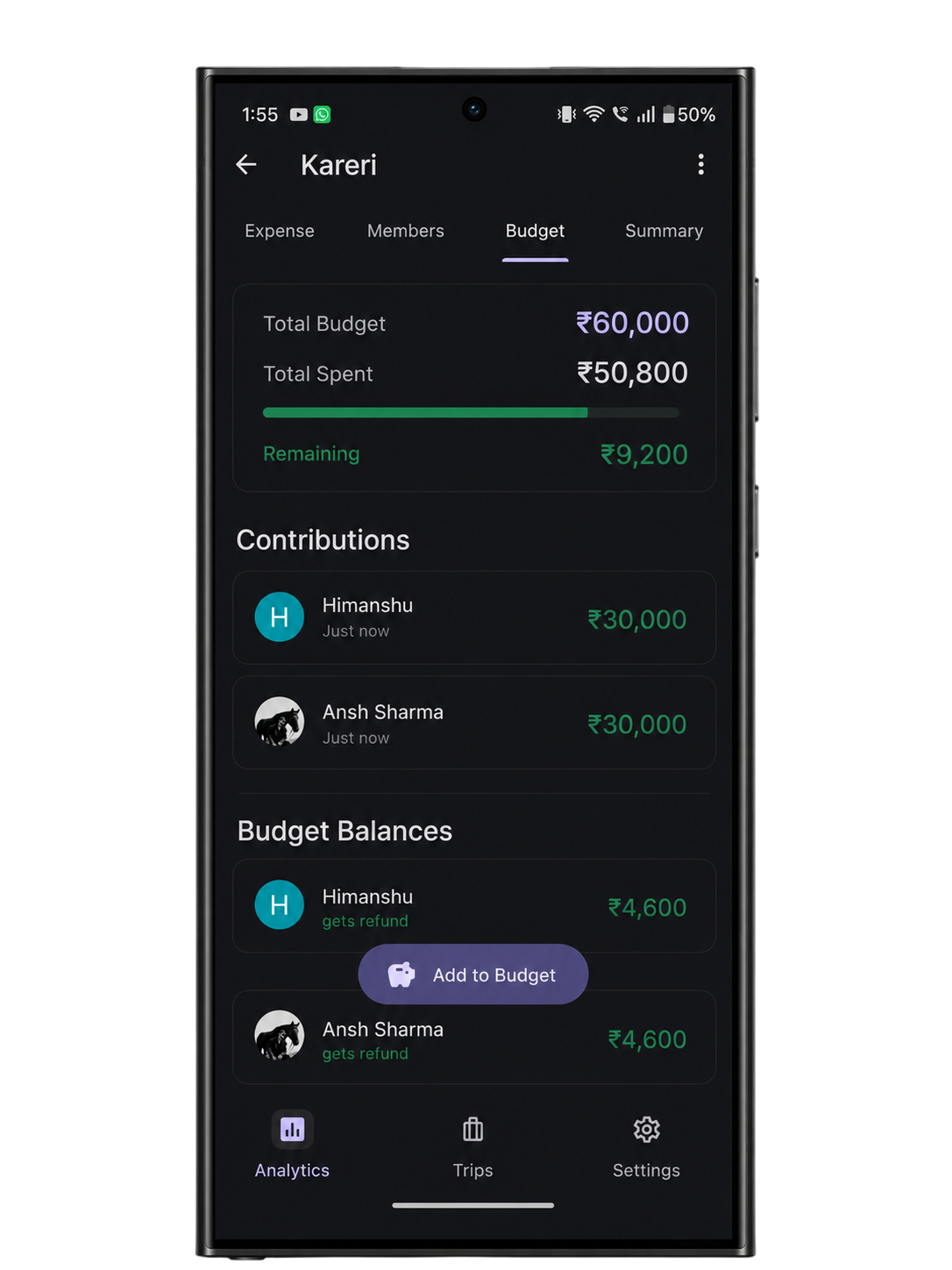 SplitTrip Budget Screen