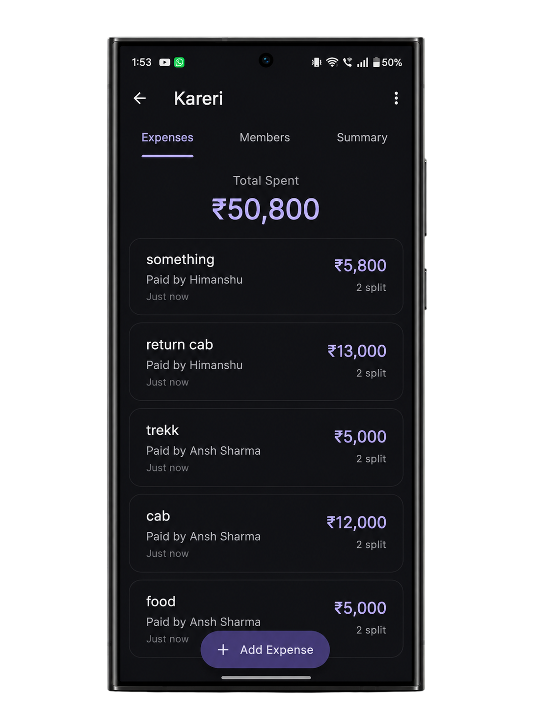 SplitTrip Expenses Screen